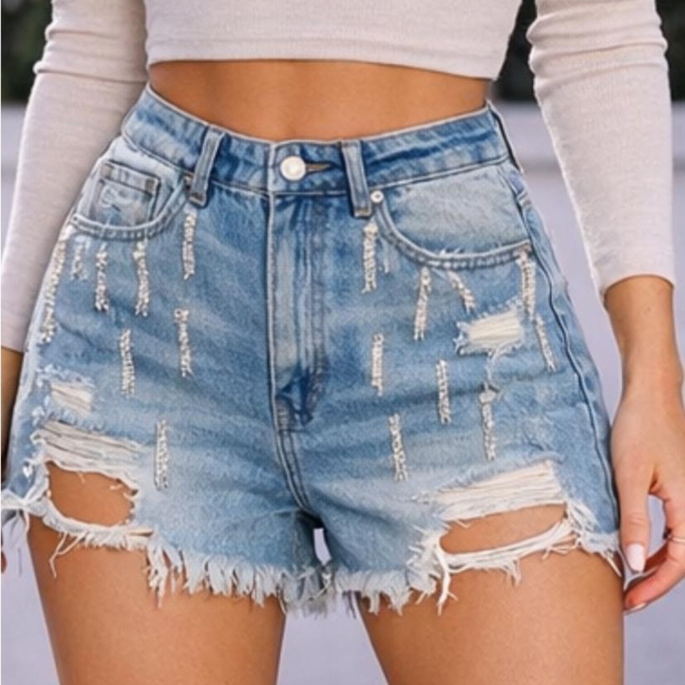 Beautiful Embellished with Rhinestones Denim Jeans Shorts Size L